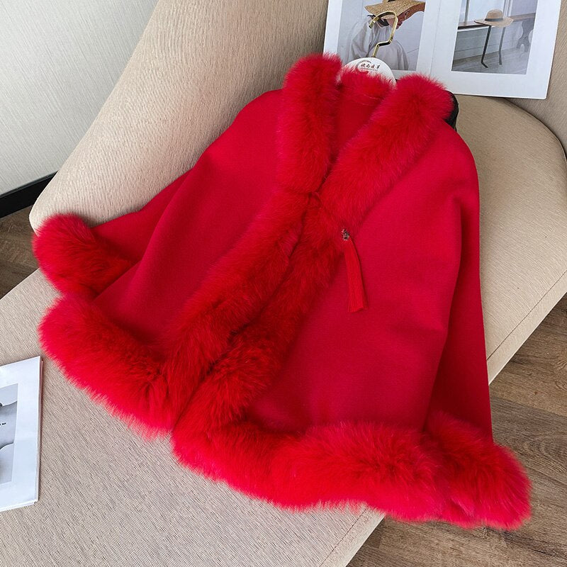 Solid Wool Fox Fur Collar Cheongsam Cloak Retro Tassel Shawl