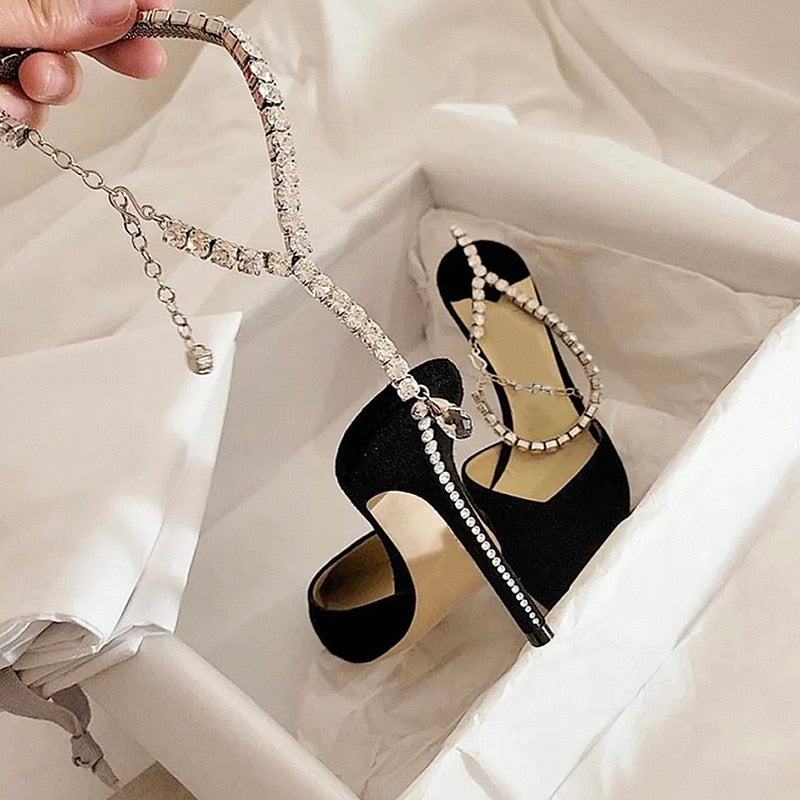 Satin Rhinestone Chain Solid Women's High Heel Ankle Strap Pumps