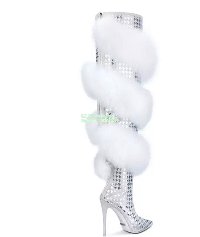 Silver Mettalic White Faux Fur Detail Thigh High Pointed Toe Stiletto Over-the-Knee Interior Zipper Boots