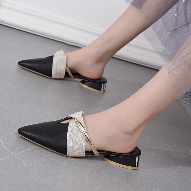 Low Heel Mule Pointed-Toe Slip On Flat Shoes