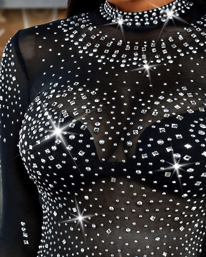 Studded Sheer Mesh Rhinestone Decor Long Sleeve Bodysuit