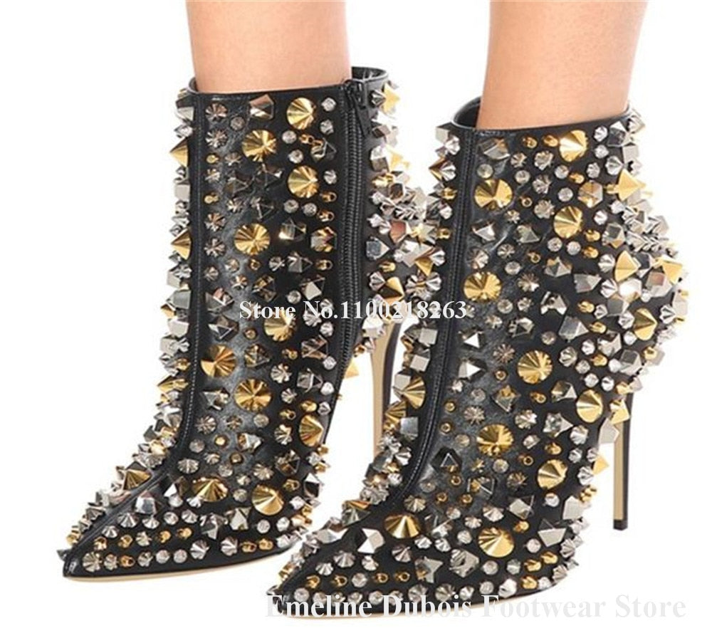 Metal Rivet Pointed Toe Gold Silver Black Studs Stiletto Heel Ankle Boots