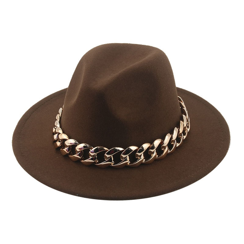 Unisex Gold Chain Design Wide Brim Panama Fedora Hat