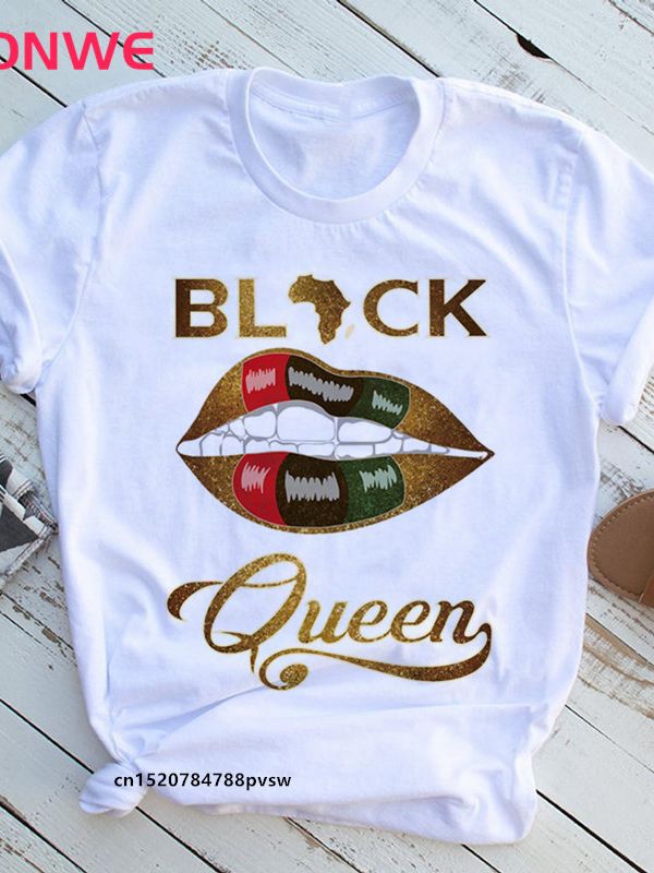 Women's African White T-Shirt Girl Black Queen Lip T-Shirt