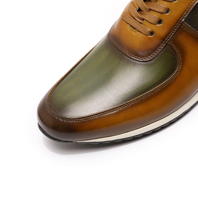 Men's Green/Brown Genuine Leather Hand Painted Oxford Lace-Up Sneakers