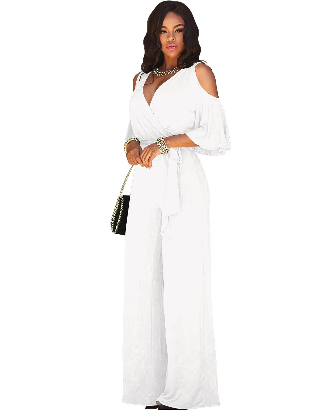 Bandage V-Neck Wide Leg Long Sleeved Jumpsuit