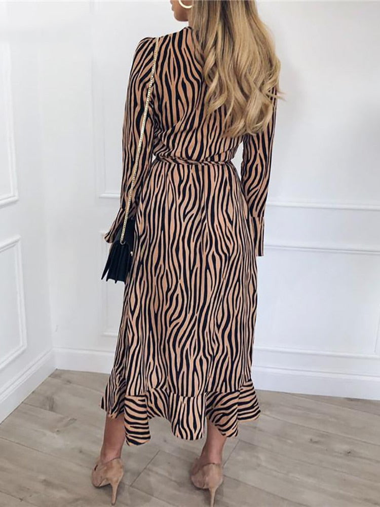 Zebra Print Bohemian Long Sleeve V-Neck Ruffled Party Dress