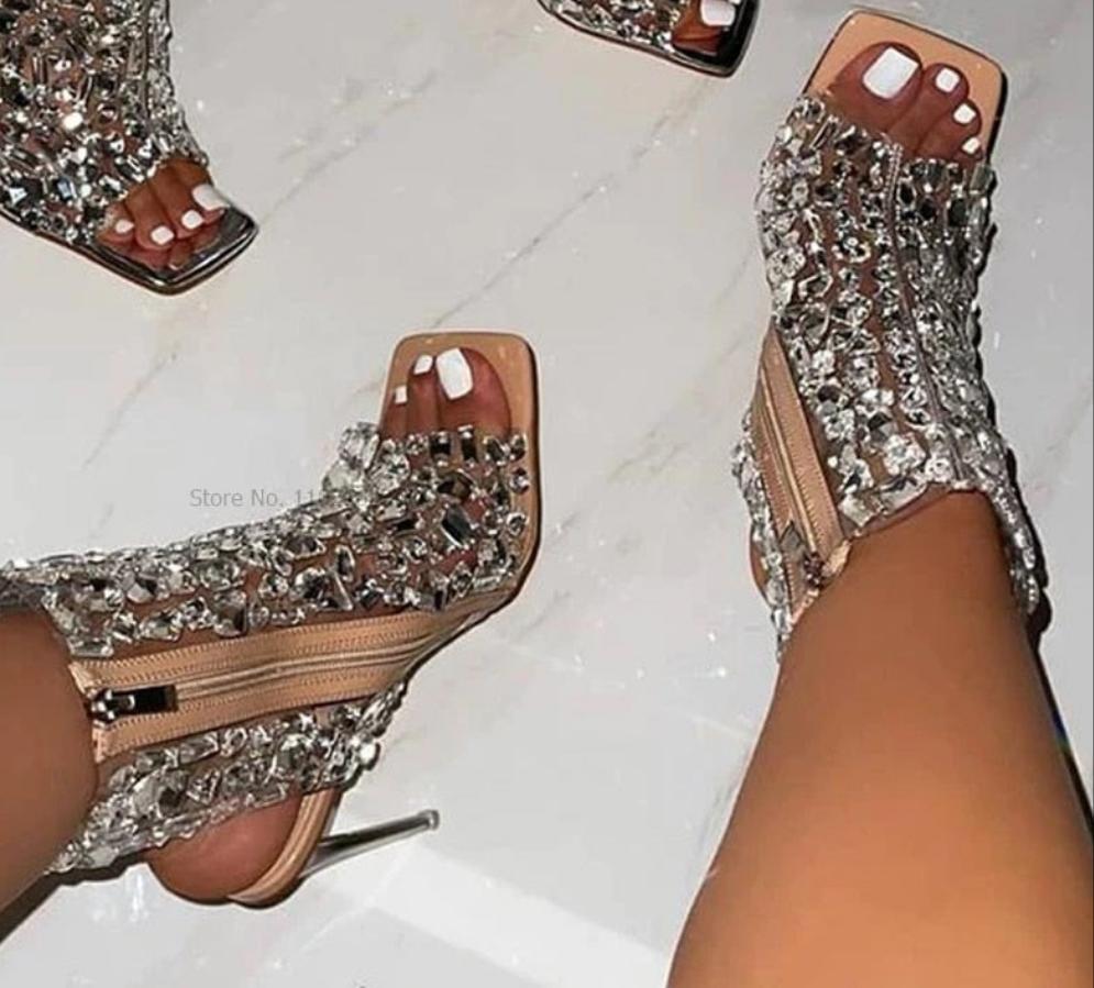 Rhinestone Open Toe Crystal Roman Stiletto Heel Square Toe Ankle Boots