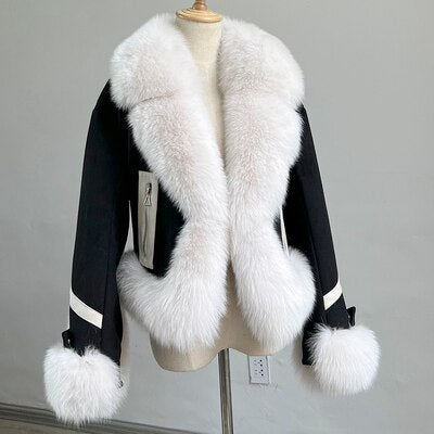 Duck Down Women's Real Fox Fur Stitched Double-Sided Single Breasted Jacket