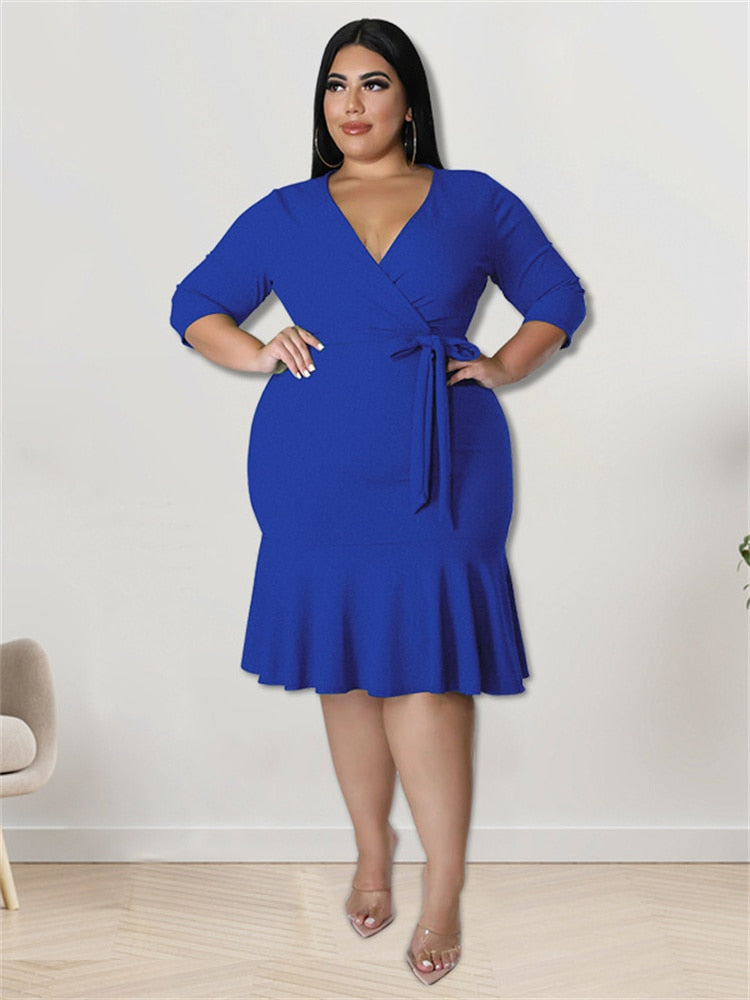 Ruffled Hem Solid Deep V-Neck Bandage Plus Size Midi Dress to 4X