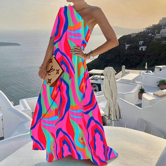 Skew Collar Asymmetrical One Shoulder Backless Irregular Loose Slit Maxi Dress