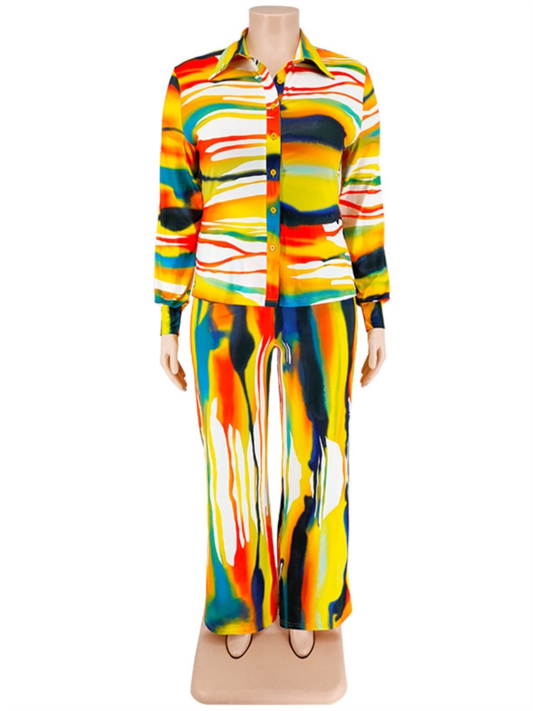 Colorblock Down Collar Tie-Dye Ladies Long Sleeve Blouse & Elastic Waist Pants 2-Piece Set to 5X Plus