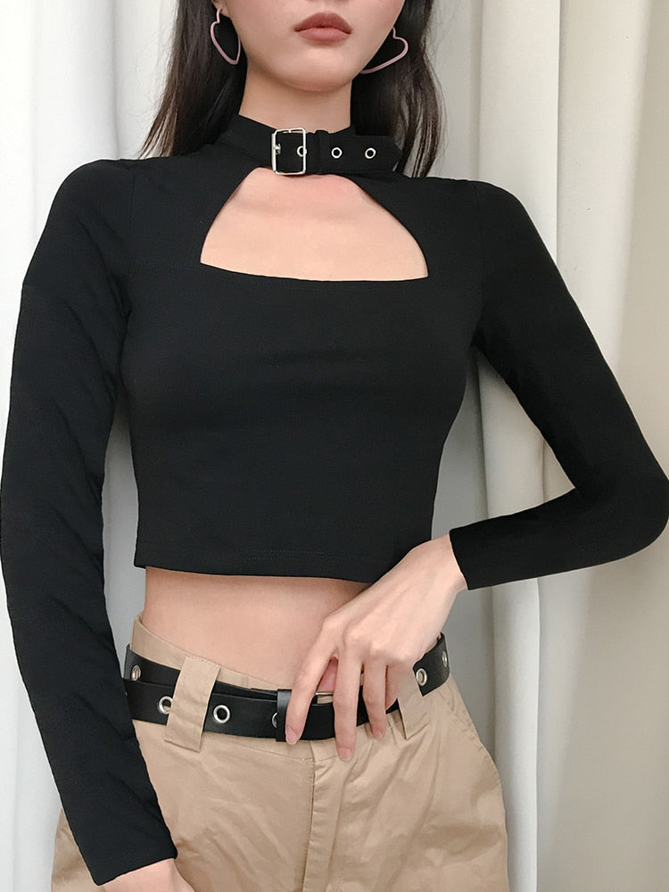 Cut Out Black Crop Shirt Gothic Long Sleeve