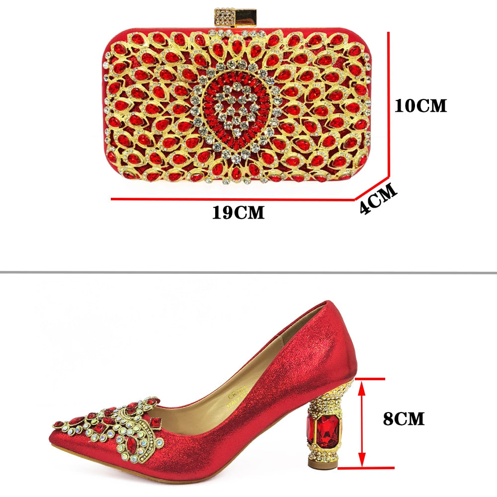 Italian Women's Catwalk Heels Pointed Rhinestone Embroidered Party Shoes & Bag Set