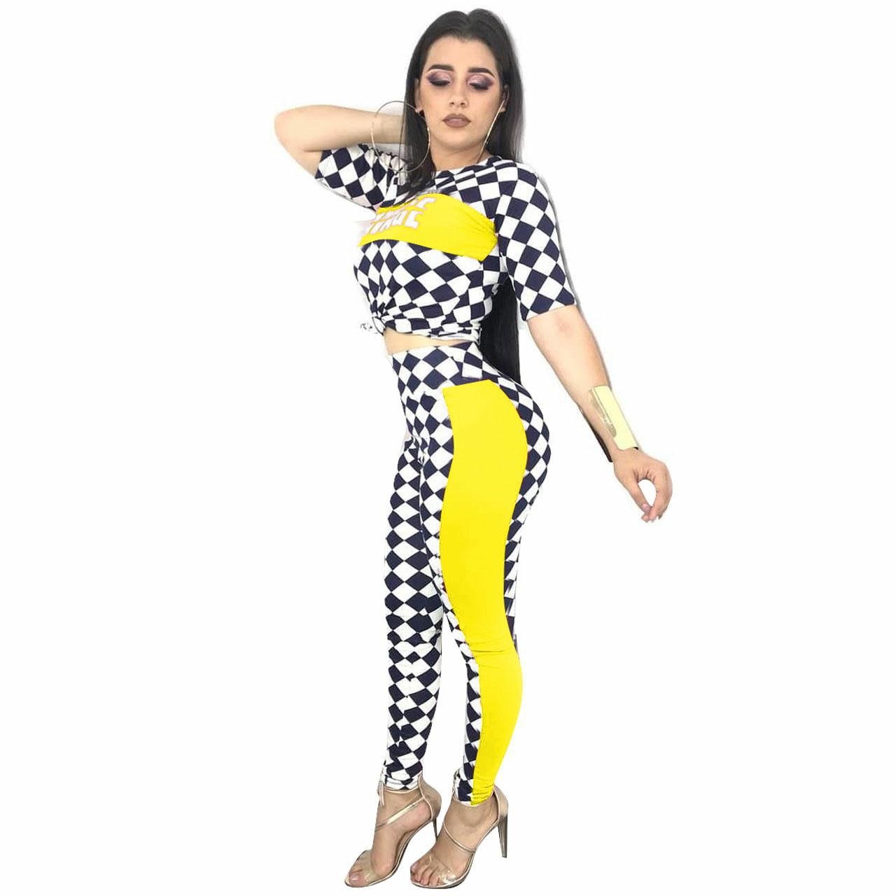 "Savage" Checkered Patchwork Crop Top + Pants Matching 2-Piece Set