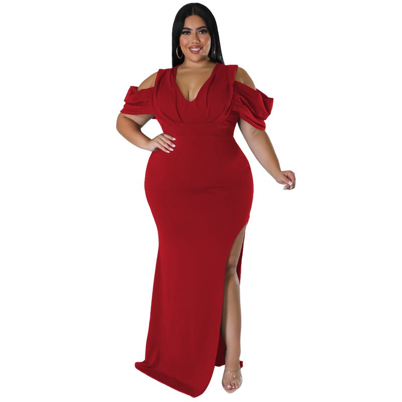 Cut-Out Shoulder V-Neck High Slit Solid Color Maxi Party Dress to 5X Plus Size