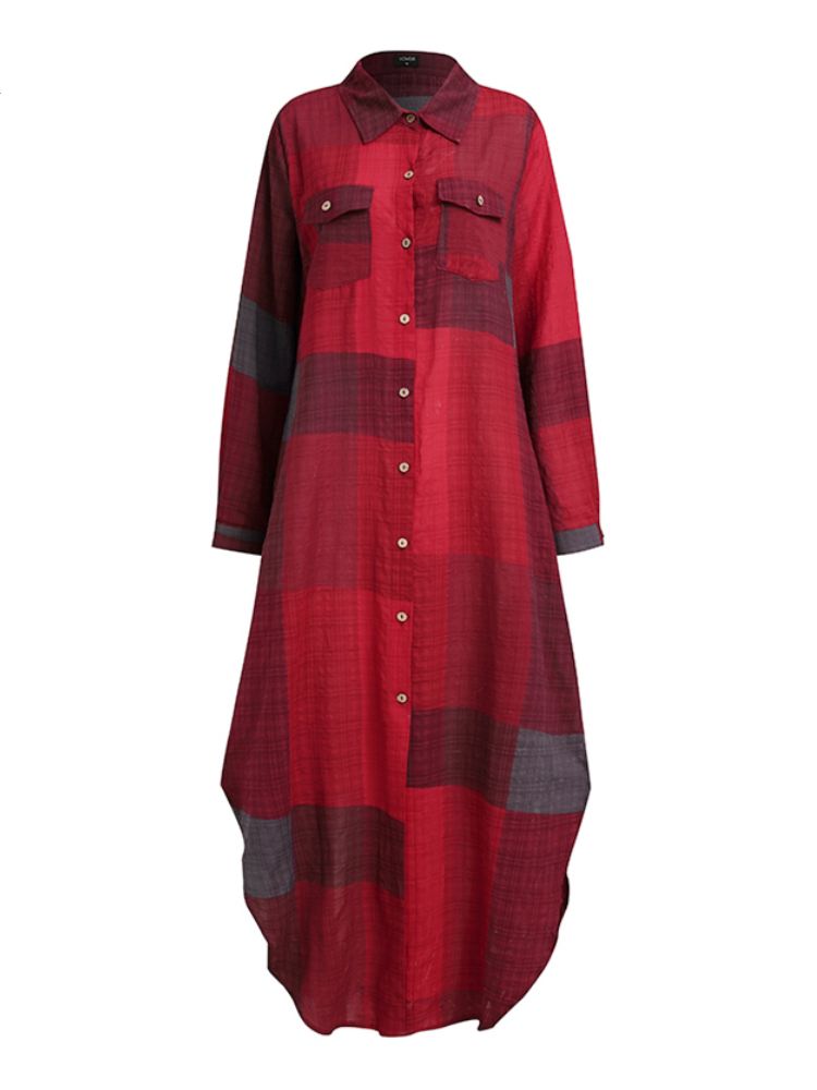 Checkered/Plaid/Floral Turn-Down Collar Button-Up High Slit Maxi Shirt Dress to 5X