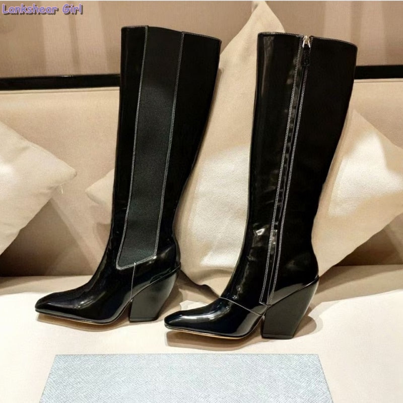 Metallic Genuine Leather Pointed Toe Chunky Heel Zipper Knee High Boots