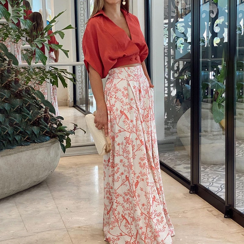 Floral Mid Sleeve Print V-Neck Blouse + Wide Leg Pant Streetwear 2-Piece Set