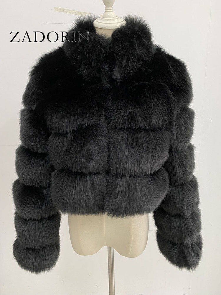 Faux Ladies Cropped Fox Fur Stand Collar Jacket