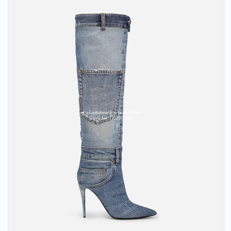 Women's Patchwork Denim Knee High Pointed Toe Stiletto Boots