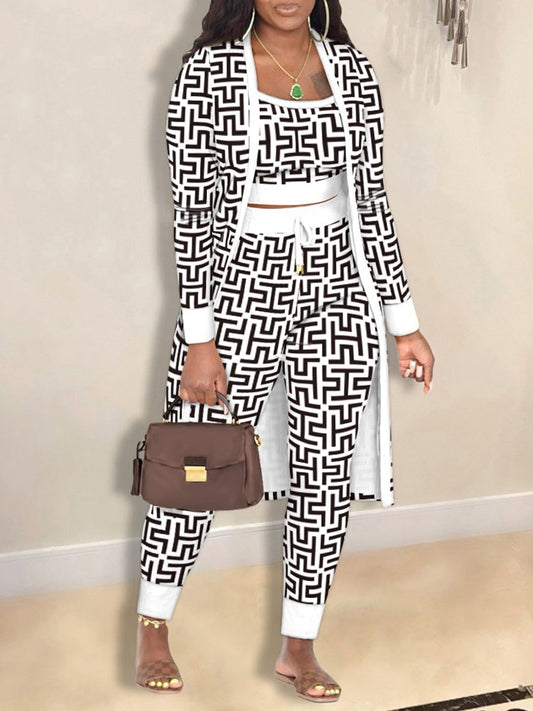 3-Piece Set: Abstract/Houndstooth/Plaid/Geometric/Solid Printed Crop Cami Tank Top, Maxi Cardigan Sweater + Pants