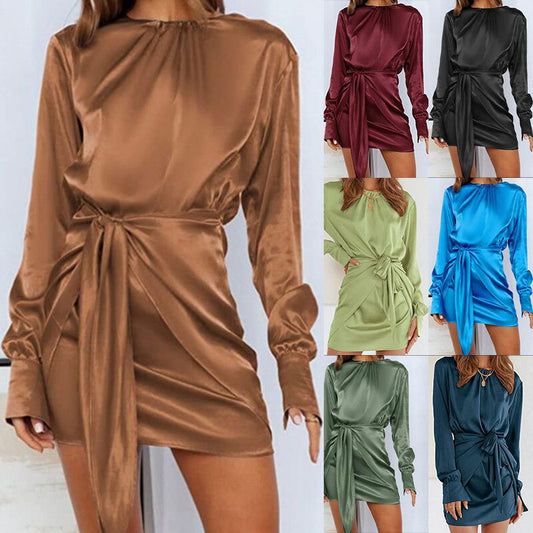 Satin Long Sleeve Round Neck Elastic Lace Dress w/ Belt