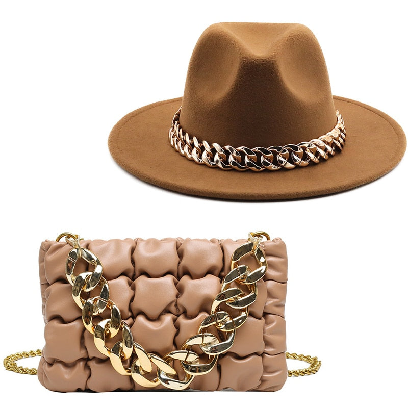 Fedora Gold Chain Hat & Purse Set