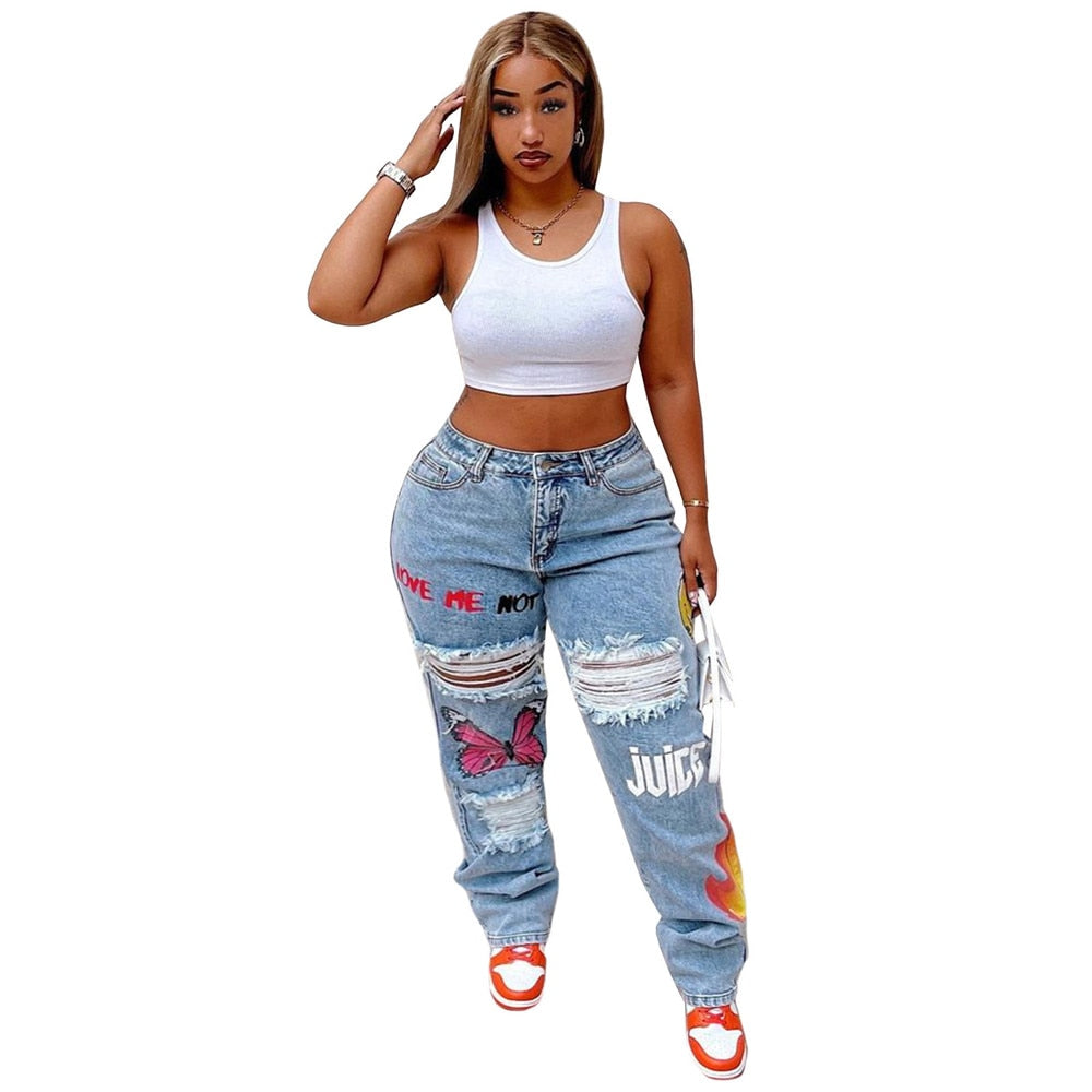 Flared High Waisted Hole Denim Ripped Bottom Stretch Boyfriend Jeans Plus to 5X