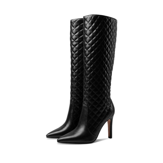 Quilted Genuine Leather Low Square Heel Knee High Boots