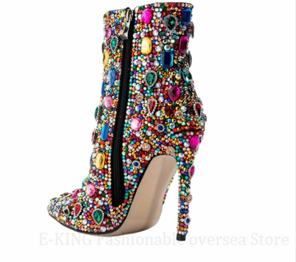 Multicolor Crystal Rhinestone Stiletto Heel Cocktail Ladies Ankle Boots