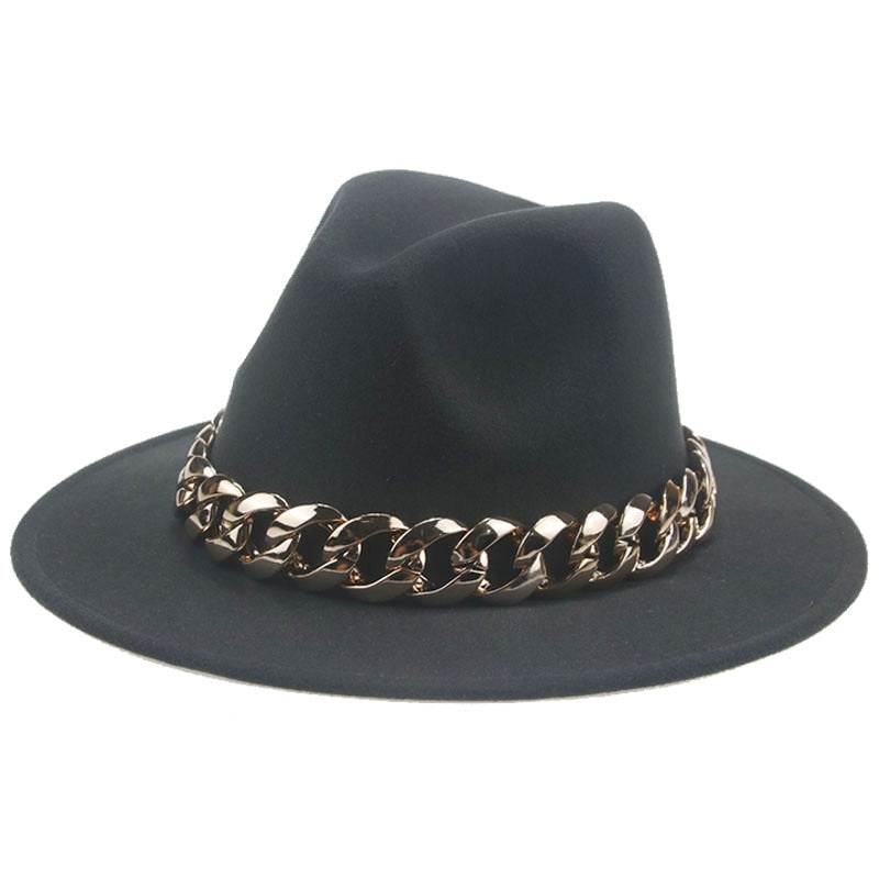 Unisex Gold Chain Design Wide Brim Panama Fedora Hat