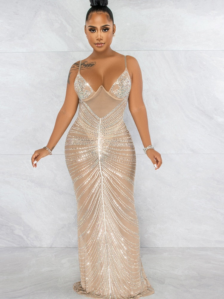 Mesh Sheer Rhinestones Spagetti Strap Crystal Maxi Dress Gown