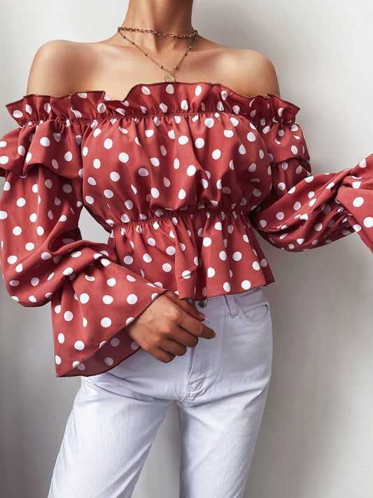 Off Shoulder Ruffled Long Sleeve Blouse