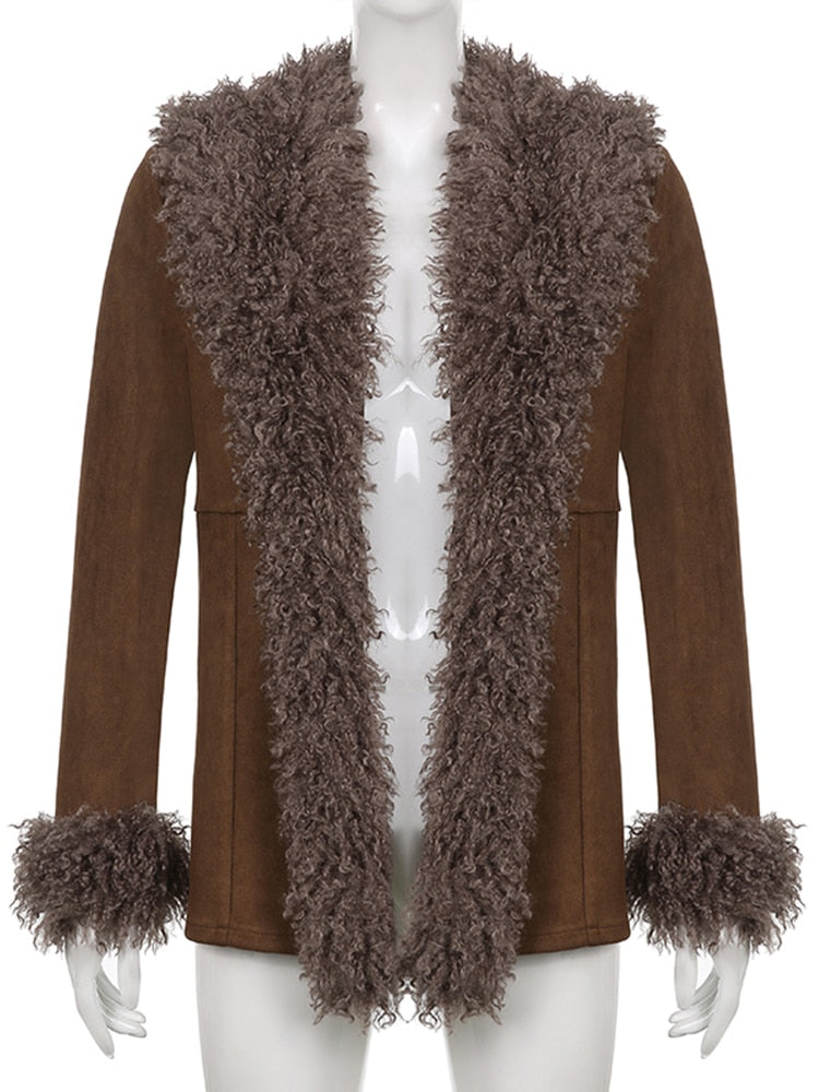 Brown Ladies Faux Fur Patchwork Suede Jacket