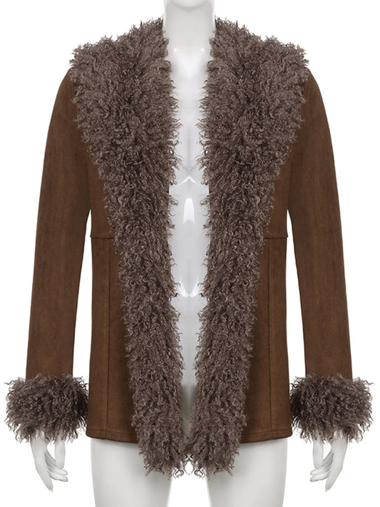 Brown Ladies Faux Fur Patchwork Suede Jacket