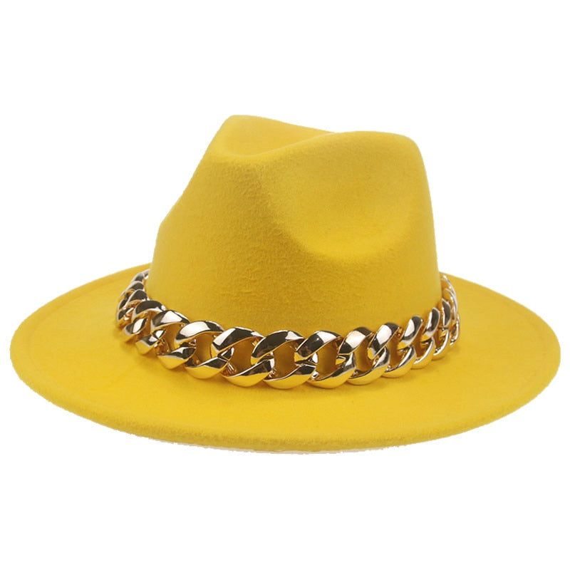 Unisex Gold Chain Design Wide Brim Panama Fedora Hat