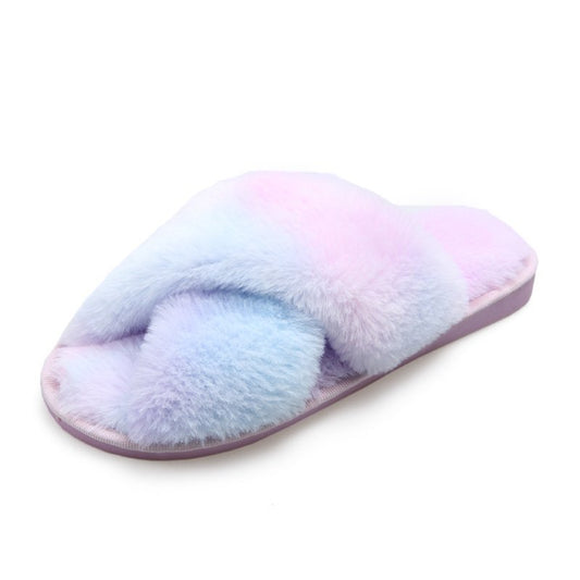 Mixed-Color Ladies Fur Slippers Rainbow Color Home Slippers