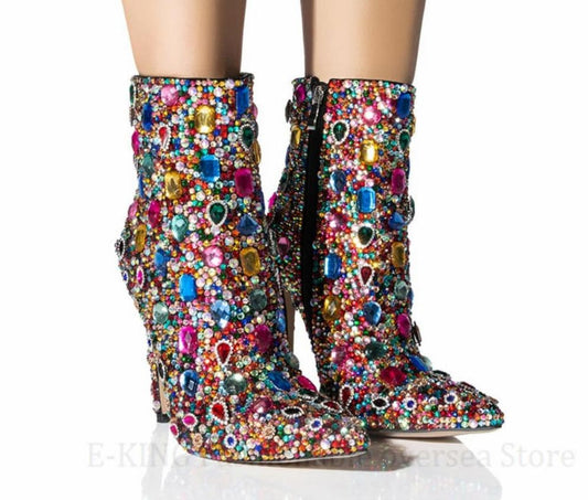 Multicolor Crystal Rhinestone Stiletto Heel Cocktail Ladies Ankle Boots