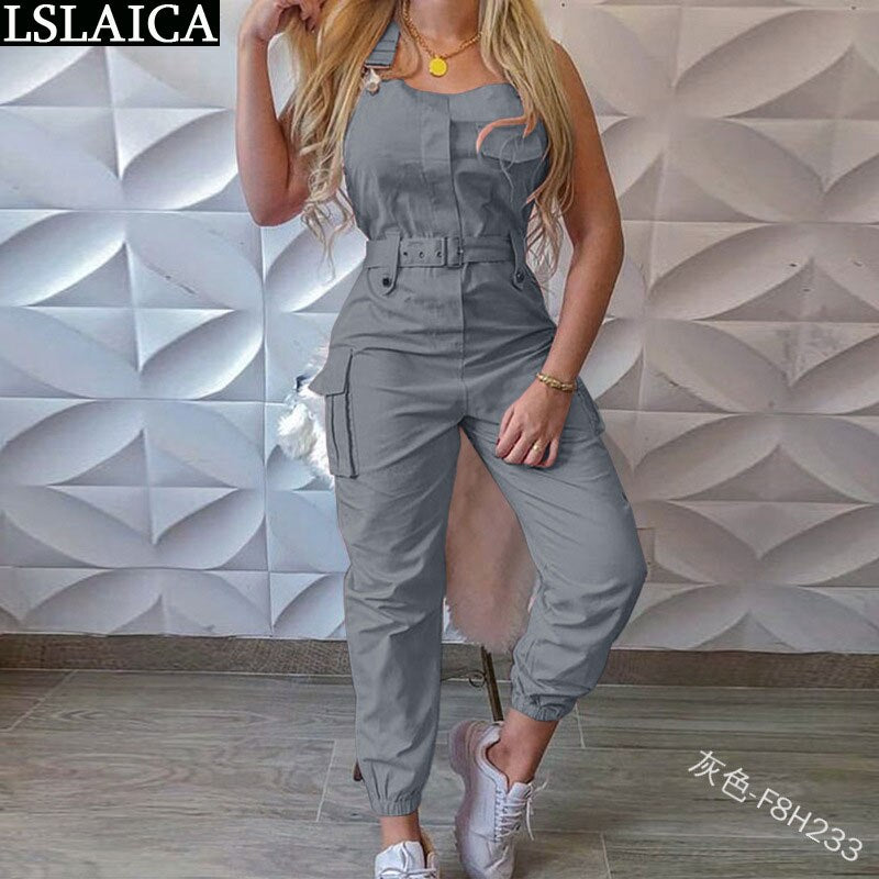 Sleeveless Solid Colored Belt Jumpsuits w/ Pockets