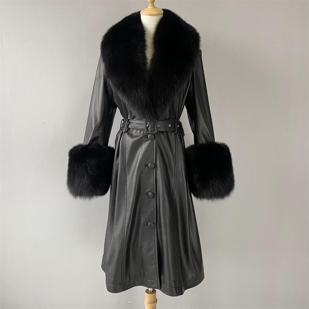 Genuine Leather Ladies Sheepskin w/ Real Fox Fur Collar Trenchcoat