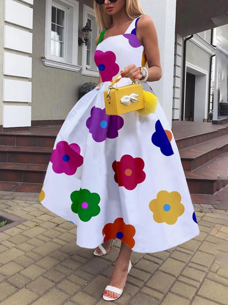 Floral Printed Square Neck Big Swing Evening Midi Dress