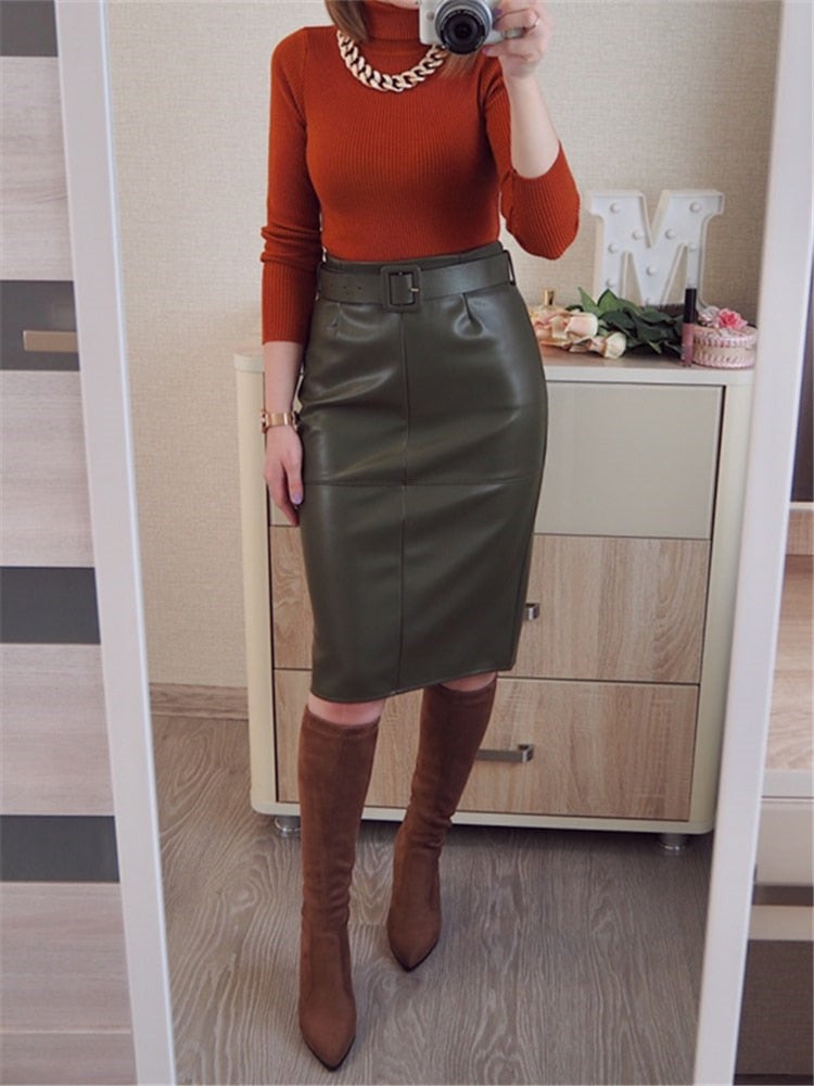 PU Leather Wrap Midi Waist Sheath Pencil Back Split Midi Skirt