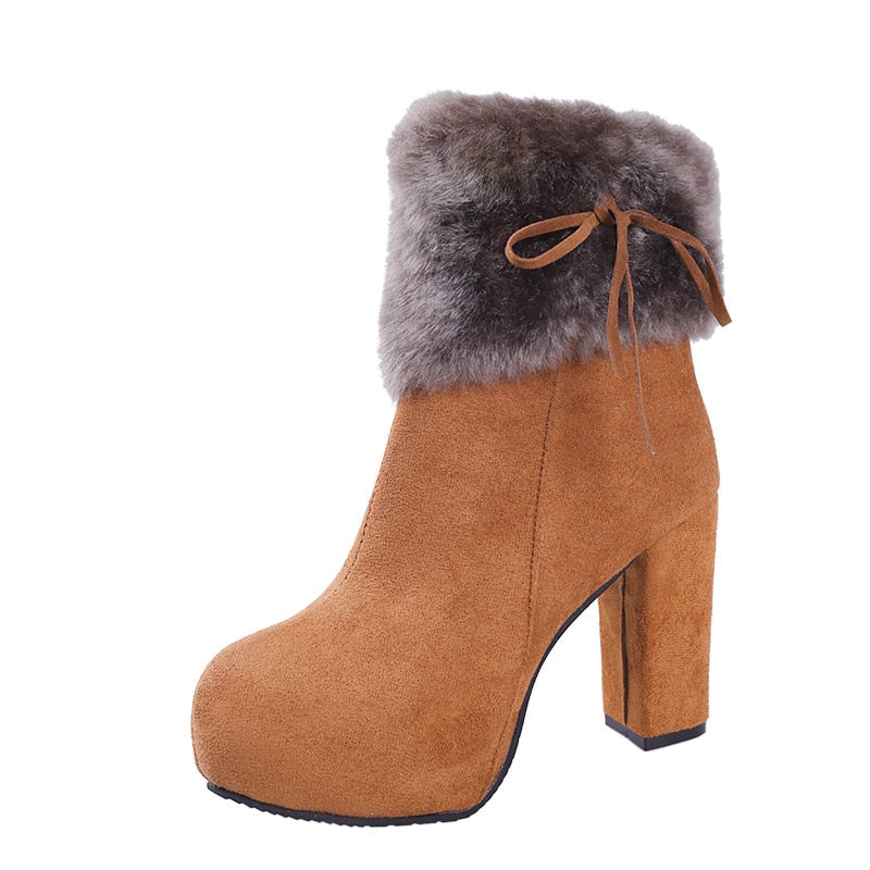 Plush Furry Platform Round Toe Square Heel Ankle Boots