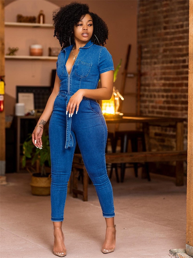 Short Sleeve Zipper Up Bodycon Denim Jumpsuit