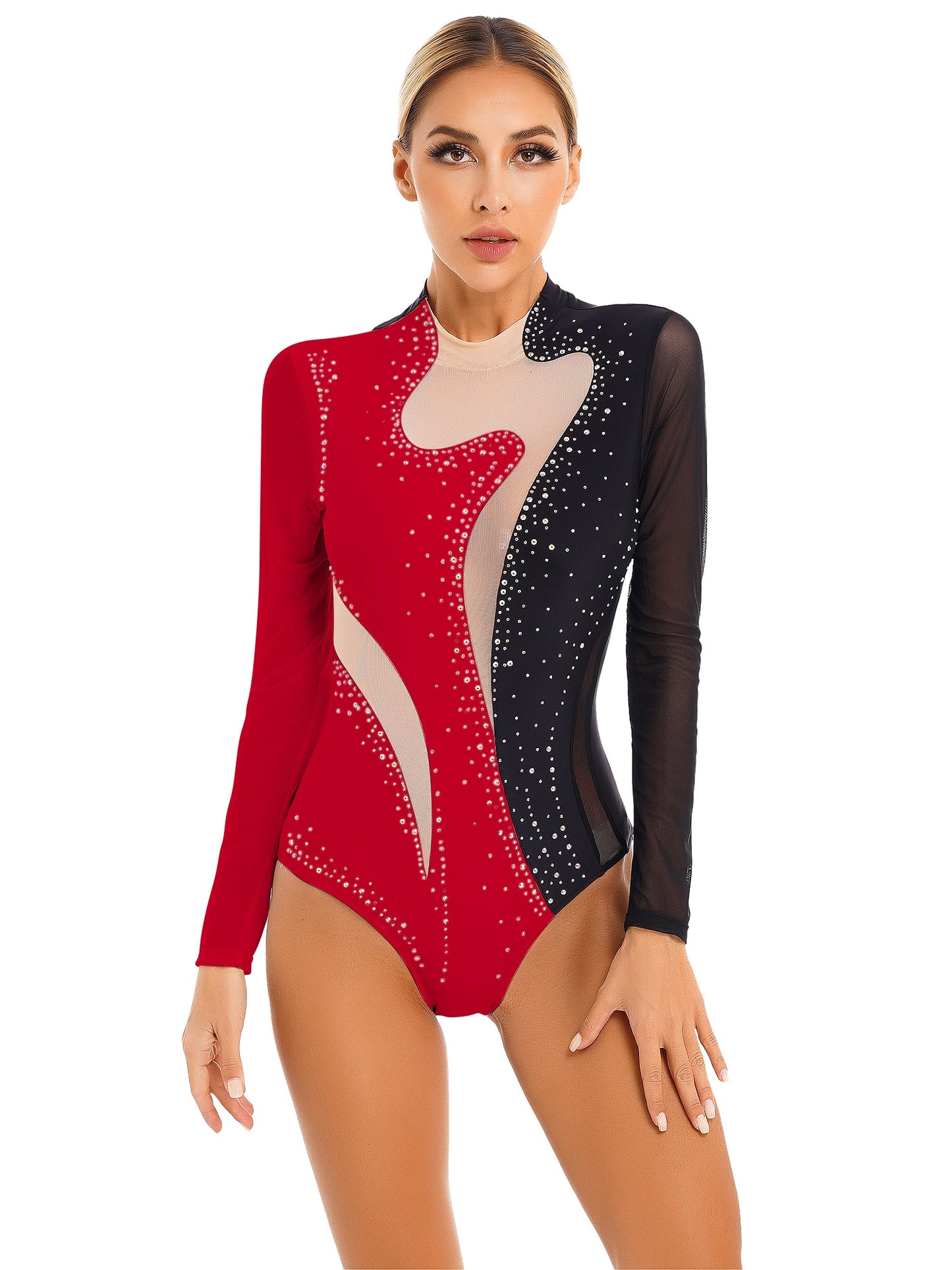 Sparkling Rhinestone Sheer Mesh Long Sleeve Bodysuit