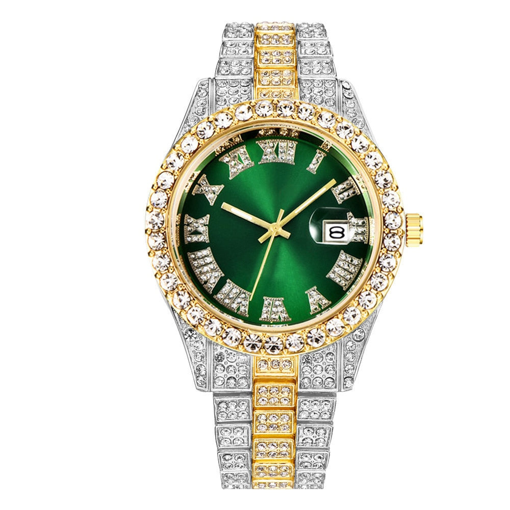 Colored Iced Out Full Diamond Around Luxury Quartz Men's Watches Silve