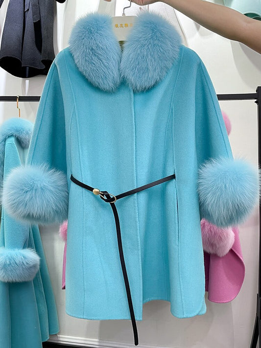 Wool Double-Sided Fox Fur Collar Alpaca Fleece Women's Cloak Furry Sleeved 3/4 Length Coat