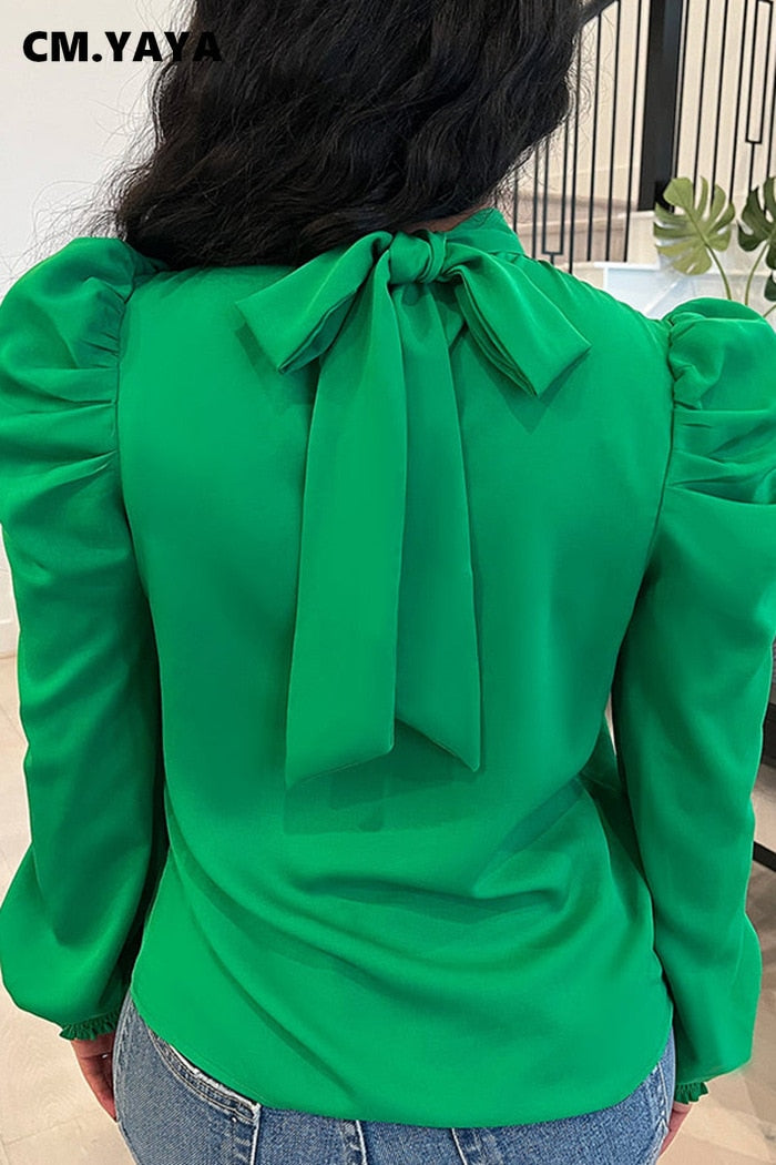 Chiffon Bowtie Back Stand Collar Puff Sleeve Blouse