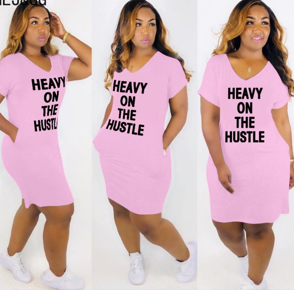 "Heavy On The Hustle" V-Neck Oversized T-Shirt Dress w/ Pockets to 3X Plus Size